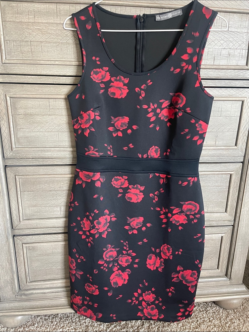 Avon Black Sleeveless Dress with Red Floral Print